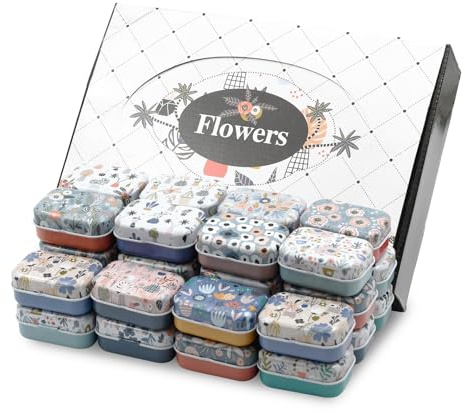 BYZCYSG Mini Storage Tin Box Set, 32 Pieces, 16 Designs, 6 x 4 x 2.5 cm, Decorative Metal Containers (Floral A)