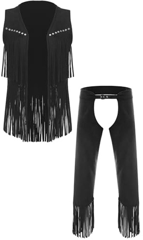 dPois herr vintage cowboy kostym mocka väst ärmlös jacka chaps byxor byxor med frasnen hippie outfit temafest karneval svart XL