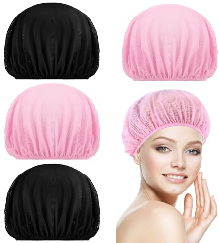 4pcs Mesh Sleeping Caps for Curly Hair, Hair Nets For Sleeping In, Mesh Sleep Bonnets For Night Rollers, Elastic Hairnet for Women (Black, Pink)