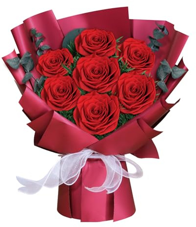 7 Preserved Red Roses Bouquet, Forever Flowers Bouquet Gift, Real Roses That Last 3+ Years, Valentine's Day & Mothers' Day Gifts for Wife, Girlfriend, Flowers Present for Her, Mom