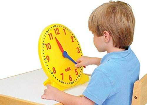 Constructive Playthings 12 in. Geared Learning Clock with Large 12-Hour Markings, Yellow, Blue and Red Colors, Plastic Teaching Clock for Classrooms, Teacher Supplies, Ages 5 Years and Up, 1-Pack
