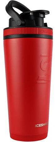 Ice Shaker Insulated Stainless Steel Shaker Bottle | 26oz, Red/Black | Cold for 30+ Hours | Insulated Cup with Twist-on Agitator | Odor-Free Bottle for Protein Shakes, Water, Smoothies, Cocktails