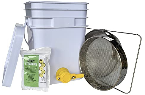 5 Gallon Beekeeping Honey Bucket Made with Food Grade Transparent Plastic, Bottling Valve, Stainless Steel Double Honey Strainer with Coarse and Fine Metal Filter, and Two Adjustable Mesh Strainers