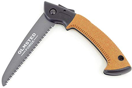 OLMSTED FORGE Hand Saw with 7 Inch Folding Blade and Push Button Lock - Portable Saw for Camping, Hiking, Hunting, Pruning, Tree Trimming, Cutting Branches