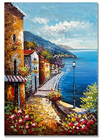 Alenoss Hand Painted Acrylic Large Abstract Modern Oil Paintings on Canvas 28x40 Inches Vertical Wall Art Mediterranean Sea Cityscape Blue Artwork Wall Decor Home Decorations