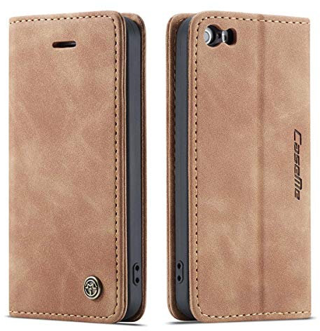 mvced Handyhülle Kompatibel mit iPhone 5/5S (4,0-Zoll-Bildschirm),Premium Leder Flip Case Schutzhülle mit Standfunktion,Braun