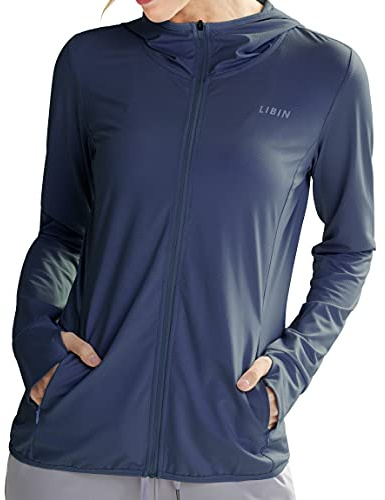 Libin Mujer UPF 50 + Chaqueta de Capucha Protección Solar con Cremallera Completa Sudadera de Sol Manga Larga Sudadera Carrera Sudadera Surf Al Aire Libre a Pie con Bolsillo,Azul Marino XL