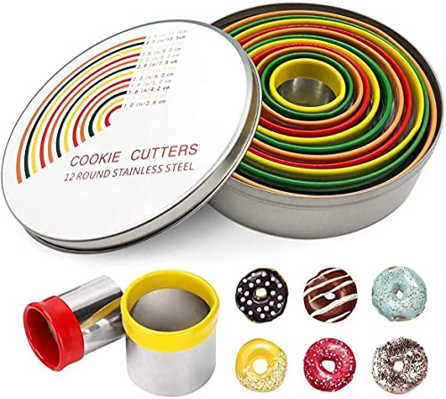 Plätzchen 12 Stück Ausstecher Rund, Edelstahl Ausstechformen Rund | Donut Ausstecher Runde Ausstechformen, Ringe Keksformen Cutter Set Mit Aufbewahrungsbox, Backen Küche Zubehör für Plätzchen K