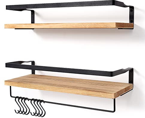 AGM Floating Shelves Wall Mounted Shelf, Wooden Wall Shelves Racking Set of 2 for Bedroom, Bathroom, Living Room, Kitchen Storage w/ 1 Towel Bar and 8 S Hooks, Max Load 33lbs