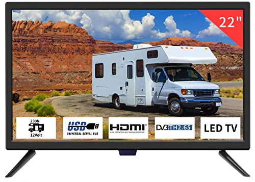 TV 22 Pouces,LED HD 1080P TV avec Tuner Numérique T2/H.256 TNT Freeview, TV 12 Volts et entrées HDMI, USB, RCA, VGA.