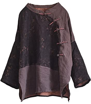 NFYM Camisa de lino para mujer, patchwork, manga 3/4, china, tradicional, con botones de rana, blusa, Negro, Talla unica