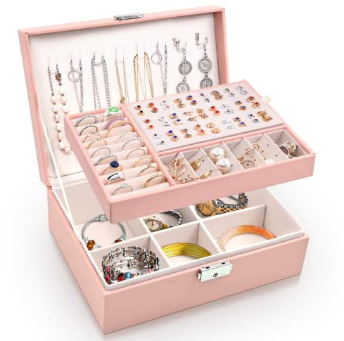 Larkumio Portagioie Donna Ragazza, Grande Porta Gioielli Bambina in Pelle PU a 2 Strati Scatole Portagioielli Cofanetto per Collane, Orecchini, Bracciali (Rosa)