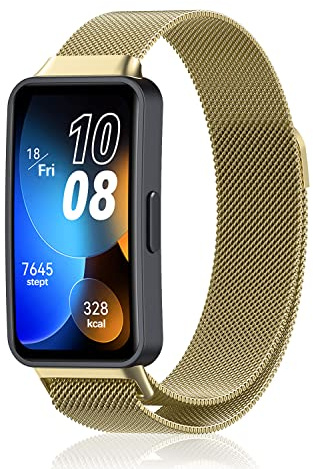 ZoRoll Armband kompatibelt med Huawei Band 10/9/8, rostfritt stål mesh metall klockarmband, magnetiskt justerbart ersättningsband – guld