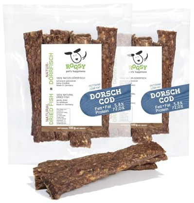 ROQSY Natur-Dörrfisch 100% Dorsch für Hunde, fettarm, getreidefrei, 200g | Single-Protein, Getreidefrei, Ohne Zusätze, Schonend Getrocknet, Sehr Fettarm, Made in Germany