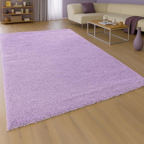 Teppich-Traum Moderner Shaggy Teppich Hochflor Uni Flieder 140x200 cm | Kuschelig-weich, pflegeleicht, robust, langlebig, allergikergeeignet, saugrobotergeeignet, OEKO-TEX geprüft, Schlafzimmer