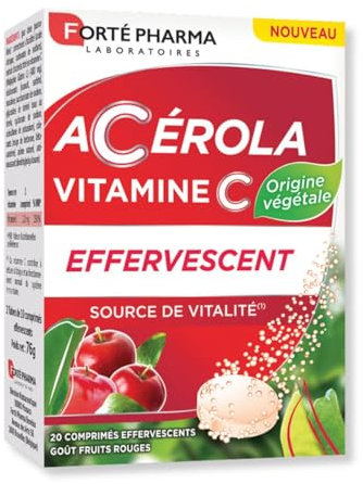 Forté Pharma - Acérola Effervescent | Vitamine C Naturelle à boire, origine végétale - Complément Alimentaire Vitalité, Anti fatigue | 20 Comprimés, 1/jour - Goût fruits rouges