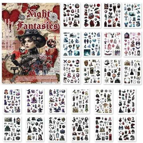 Bomichi Washi Stickers for Scrapbook, 24 Sheets Goth Sticker Book for Journaling, Dark Aesthetic Pre-Cut Stickers Book for Junk Journal Supplies Collage DIY Crafts Phone Cases Adult