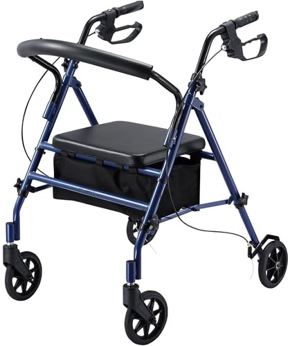 JupiterJX Lightweight Folding Rollator, Aluminium Rollator with Seat and Wheels – Four Wheels Disability Aids Walkers, Lockable Brakes Mobility Walker for Elderly Disabled 110KG Capacity (Blue)