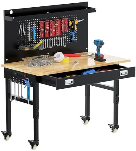 Betterhood 48 Heavy Duty Adjustable Workbench with Large Pegboard, Adjustable Work Table with Power Outlets & Lockable Wheels, Rubber Wood Workstation for Garage, Workshop, Office, Home, Commercial