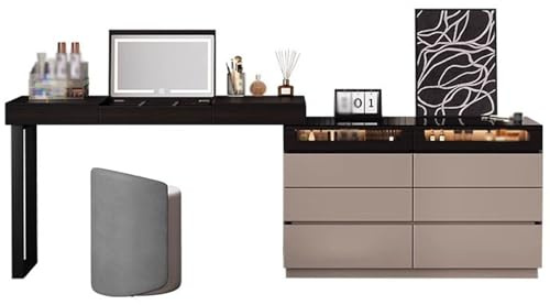 LQQHFSW Tisch & Stuhl Vanity Set, Schminktisch mit Beleuchtetem Spiegel Frisiertisch mit Acht Geräumigen Schubladen für Frauen(Brown)