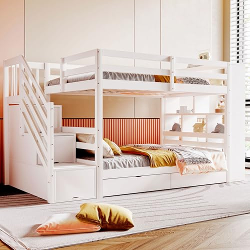 Moimhear Letto a castello 90x200 cm, scala di sicurezza con vani portaoggetti, cassetti portaoggetti e ampi armadietti, struttura alta recinzione, rete a doghe, letto in pino (bianco)