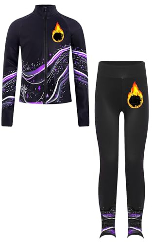 Miaeowve Patinaje Artístico Traje Térmico Niña Manga Larga Chaqueta Deportiva Bloque de Color Patchwork Parte Superior con Pantalones Calientes Polar Leggings Ropa Deportiva, Violeta A., 146/152 cm