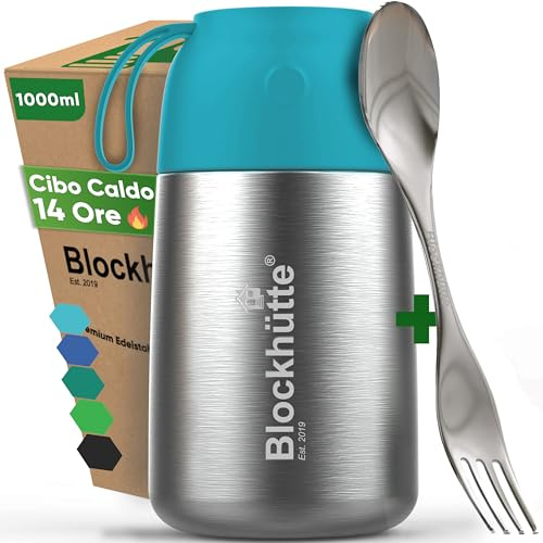 Blockhütte Food Flasks for Hot Food Adults 1L Stainless Steel | Thermal Soup Flask with Spork | Vacuum Insulated Thermal Lunch Box to Go for 14h Hot Meals, BPA Free – Turquoise