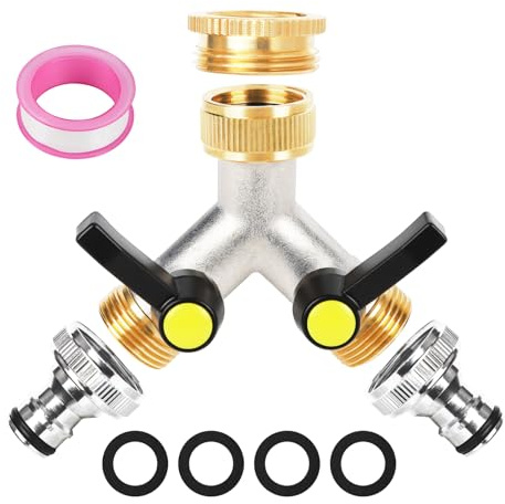 2 Way Brass Y Valve Tap Garden Hose Splitter Two Way Tap Manifold with 2 Individual 3/4inch Brass Water Tap and 3/4inch to 1/2inch Connection for Home Garden Outdoor (Electroplated)