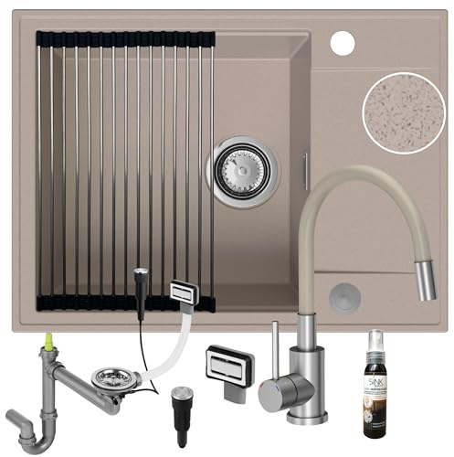 SINK QUALITY Spülbecken beige mit Armatur Set 62x46 - Spüle mit wasserhahn, Siphon PUSH, Abtropfgestell, Imprägniermittel - Küchenspüle Komplettset für 55er Unterschrank