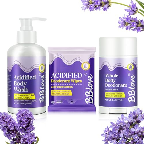 BBlove Solid Stick, Moisturizing Body Wash & Acidified Wipes, 3-Step Routine for 24H Freshness, Aluminum Free Deodorant & Skin Care Kit for All Skin Types - Lavender Scented