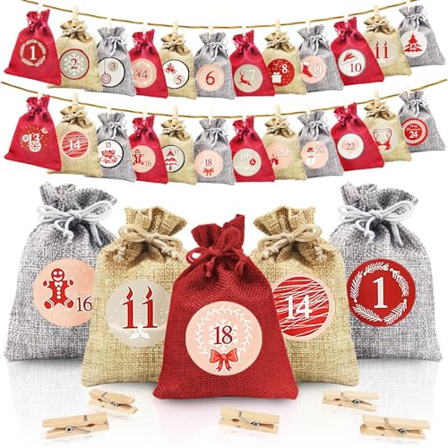 24 Pcs Calendario Adviento para Rellenar, Calendario de Navidad 2025 con Pegatinas de Números, Clips y Cuerda, Bolsas Decorativas Navideñas para Niños, Hombre, Mujer, 10x14cm