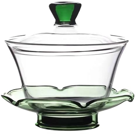 OSALADI Taza de Té de Vidrio Transparente Tapa, Taza para Preparar Té Tipo Sopera, Resistente al Calor, Diámetro 10 Cm, Alta 9 Cm, Color Verde, Adecuado para Hogar y Oficina, Juego