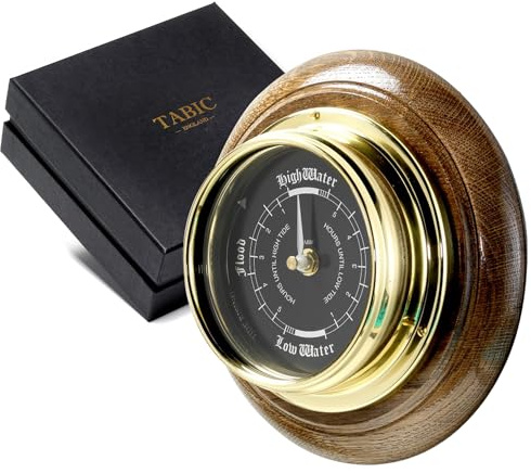 Tabic Brass Tide Clock with Dark Oak Mount – Mariner MkII Case, Black Dial, Precision Lunar Tide Tracking, Handcrafted in England, Marine Wall Instrument