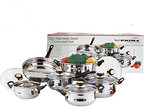 Prima Kitchenware New 12pc Stainless Steel Cookware Saucepan Frypan Casserole Set with Glass Lid, Silver, 1x16cm, 1x18cm, 1x20cm , 1x24cm,