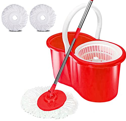 Mop and Bucket Set, Spin Mop for Cleaning Floors with Two Mop Heads, 1 x Mop, 2 x Mop Heads, 1 x Spin Bucket (Red)