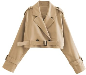 Xiaoxuemeng Womens Cropped Bike Jacket Casual Double Breasted Trench Coat with Belt (Khaki-S)