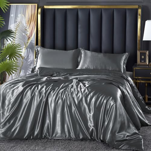 DXHOME Juego de ropa de cama de 200 x 200 cm, color gris satinado, gris oscuro, antracita brillante, seda sedosa, lujosa, satinada, sábanas de lujo, juego de funda nórdica de microfibra gris liso con