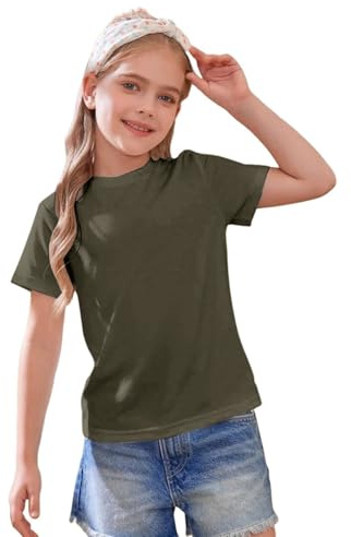 Mjjsk T-shirts pour filles d'été - Légers à manches courtes - T-shirt uni pour enfants - Confortables et doux - Tee-shirts basiques décontractés - Hauts pour enfants, marron, 12-13 ans