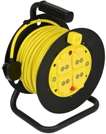SLx Extension Lead 30m Water Resistant Cable Reel 4 IP44 Rated 13A Covered Sockets with Thermal Cut-Out Heavy-Duty Weatherproof Power Reel for Garden, DIY & Trade