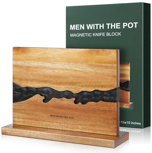 MEN WITH THE POT Magnetic Knife Block 13 x 10 Inches, Double Sided Magnetic Knife Holder Rack for Kitchen Counter Top, Space Saving Free Standing Wood Magnetic Knife Storage Stand with Black Resin