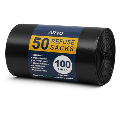 ARVO 100 l sopsäckar, 50 platt botten avfallspåsar på en rulle, 73 x 99 cm sopsäckar, 100% återvunna LDPE-soppåsar för kök, kontor och hushåll