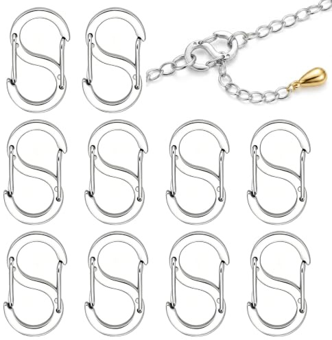 Karbinhake liten 10 stycken S-form mini, karbinhake i rostfritt stål, små karbinhakar för nycklar, armbandslås, kedjelås, smyckestillverkning, gör-det-själv pyssel (silver)