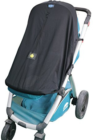Pram Sun Shade - Universal Stroller Sun Shade with Zip Window, Breathable Lycra Fabric, Blackout Blind - UV Protection (Black)
