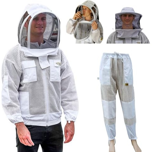 OZ ARMOUR Beekeeping Suit Jacket, Pants/Trousers with 2 Veils Fencing Hood & Round Brim Hat, Ventilated 3 Layer Mesh Costume (X-Large)