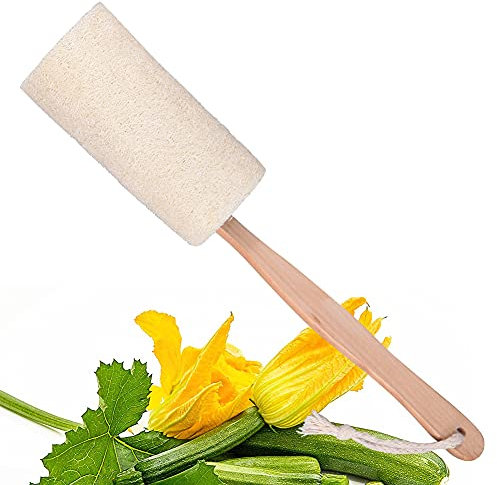 Long Handle Loofah Back Scrubber - Natural Loofah Sponge on a Stick, Wooden Body Brush, Exfoliating Bath Scrubber