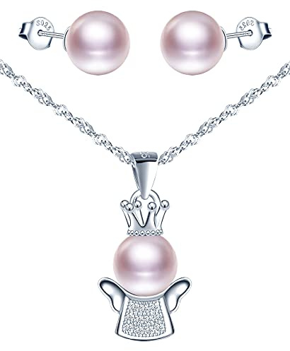 Yumilok-Collar colgante de dama corona linda perla de ángel colgante de plata esterlina S925 conjunto de aretes de perlas de plata esterlina para mujer