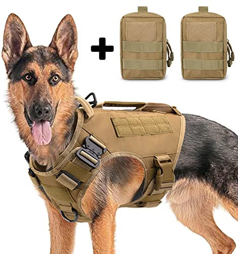 AIWAI Taktisches Hundegeschirr für mittlere und große Rassen, Molle-Panels Metallschnalle, Weste mit Seitentaschen, Taschen für Service-Arbeitstraining Khaki,M, mit 2 Beuteln