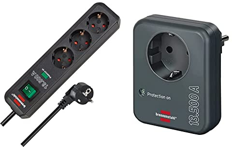 Brennenstuhl Eco-Line, Steckdosenleiste 3-Fach mit Überspannungsschutz anthrazit & Steckdosenadapter mit Überspannungsschutz 13.500 A anthrazit