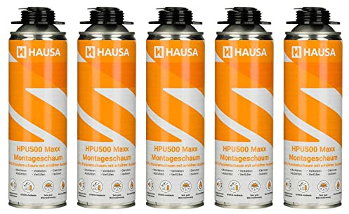 HAUSA Montageschaum HPU500 Maxx 5x 500ml grau B2 Pistolenschaum zum Verfüllen, Dämmen & Abdichten, extrem hohe Ausbeute, ausgezeichnete Dämm- & Isoliereigenschaften, Bauschaum für Schaumpistolen
