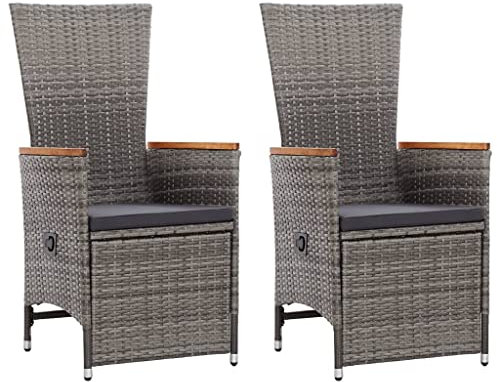 KOIECETA 2X Gartenstuhl mit Auflagen Relaxstuhl Sessel Sonnenliege Stuhl Hochlehner Gartenmöbel Rattansessel Poly Rattan (Verstellbare Rückenlehne und Fußstütze, Grau), V4604